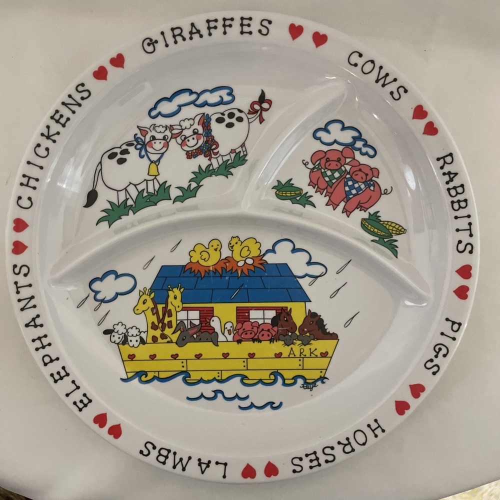 Vintage Anacapa Melamine Divided Children's Plate Noah's Ark Animals Hearts